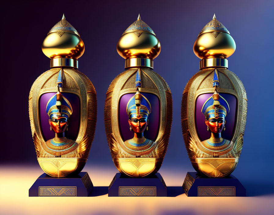 Egyptian-themed Pharaoh Design Perfume Bottles on Purple Background