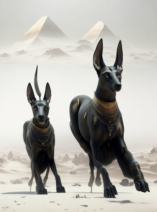 Stylized black Egyptian jackal statues with golden adornments in desert landscape.