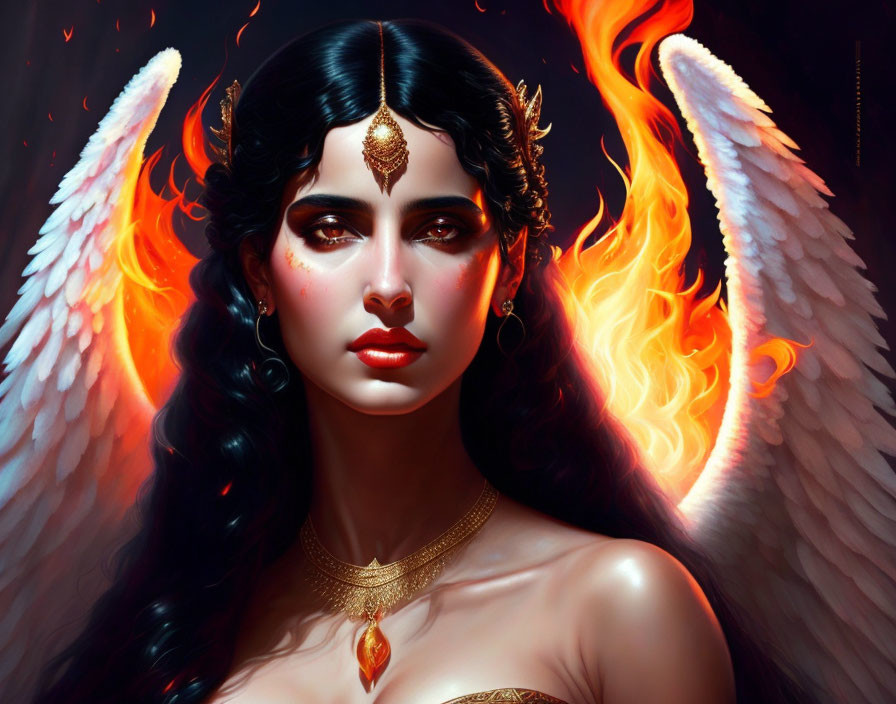 Dark-haired woman with fiery wings and golden jewelry in digital art.