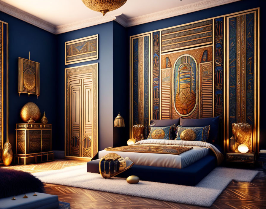 Luxurious Ancient Egyptian-themed bedroom with gold and blue decor and hieroglyphics.