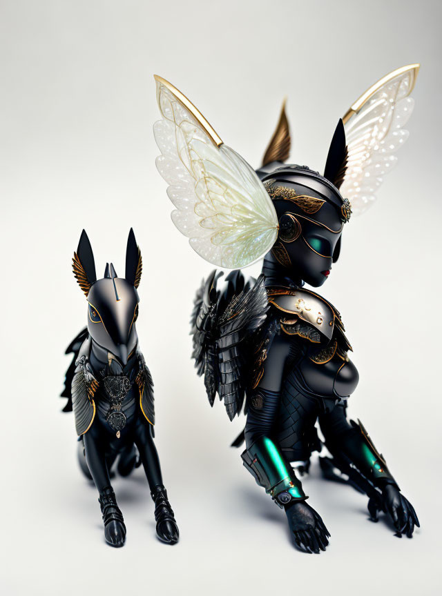 Stylized fantasy creatures: black unicorn and armored fairy with intricate designs and wings