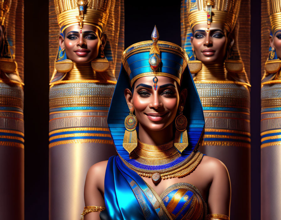 Three portraits of a person in Egyptian-style attire with vibrant blue clothing and ornate jewelry.