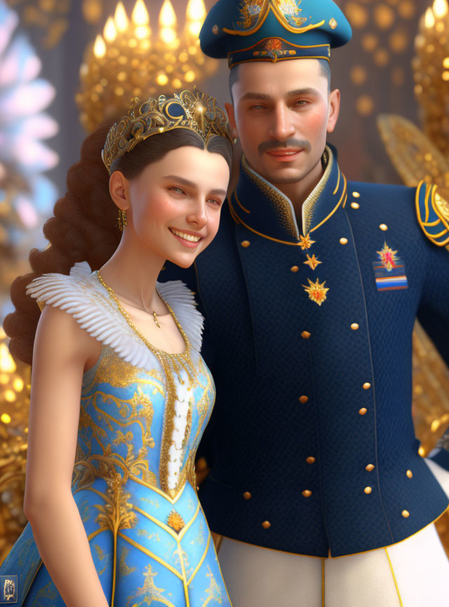 Luxurious 3D-rendered royal couple in historical attire with gold detailing.