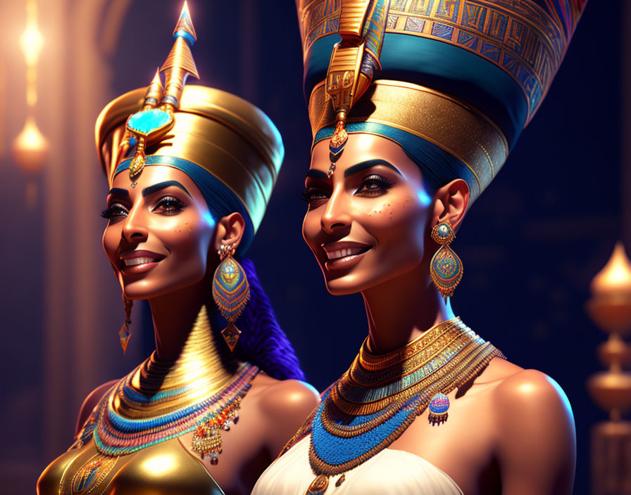 Two women in ancient Egyptian attire in luxurious setting