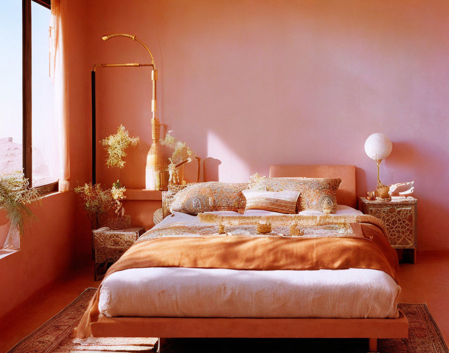 Cozy bedroom with plush bed, gold throw, desert view, and plants