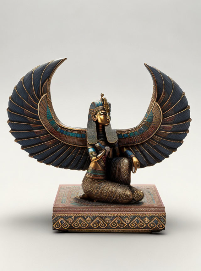 Egyptian Deity Figurine: Human Body, Lion Head, Colorful Wings
