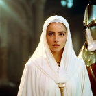 Woman in White Cloak Amidst Chaos and Lightning