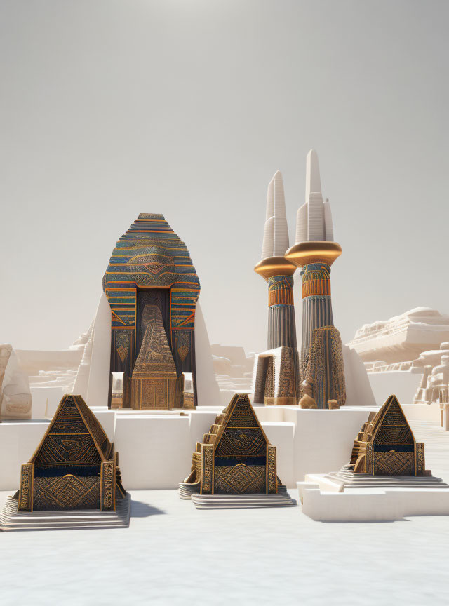 Ornate futuristic pyramids in desert landscape