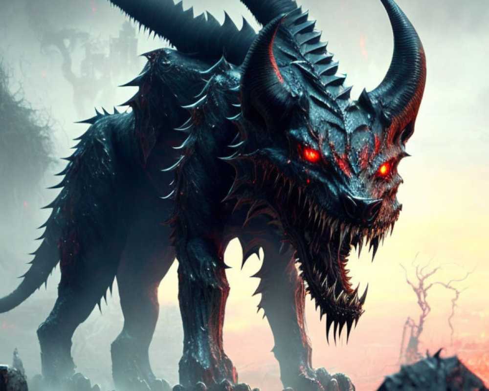 Black dragon with red eyes in volcanic landscape