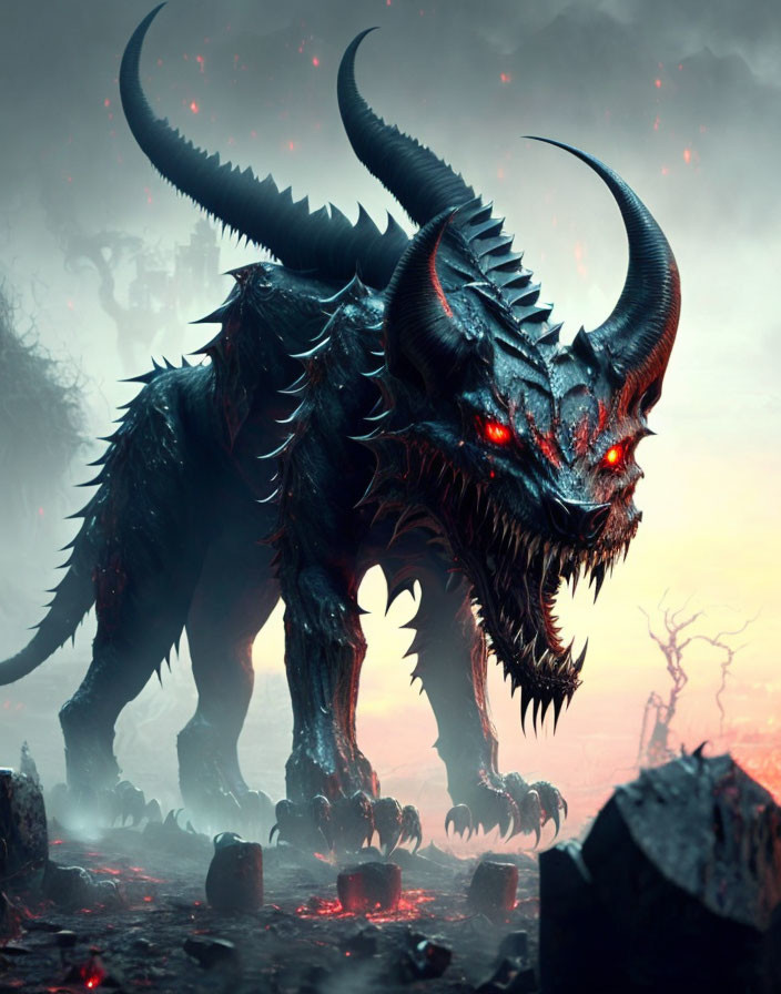 Black dragon with red eyes in volcanic landscape