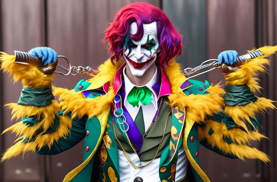 Elaborate Joker costume with vibrant makeup and purple wig