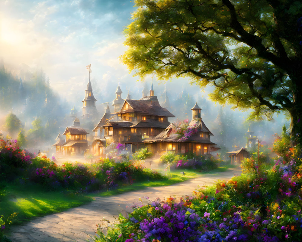 Rustic village scene with colorful flowers and golden sunlight