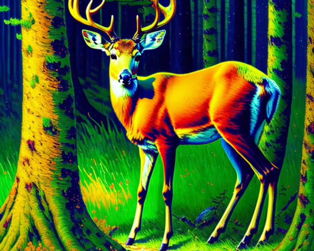 Colorful Digital Artwork: Deer with Glowing Antlers in Neon Forest