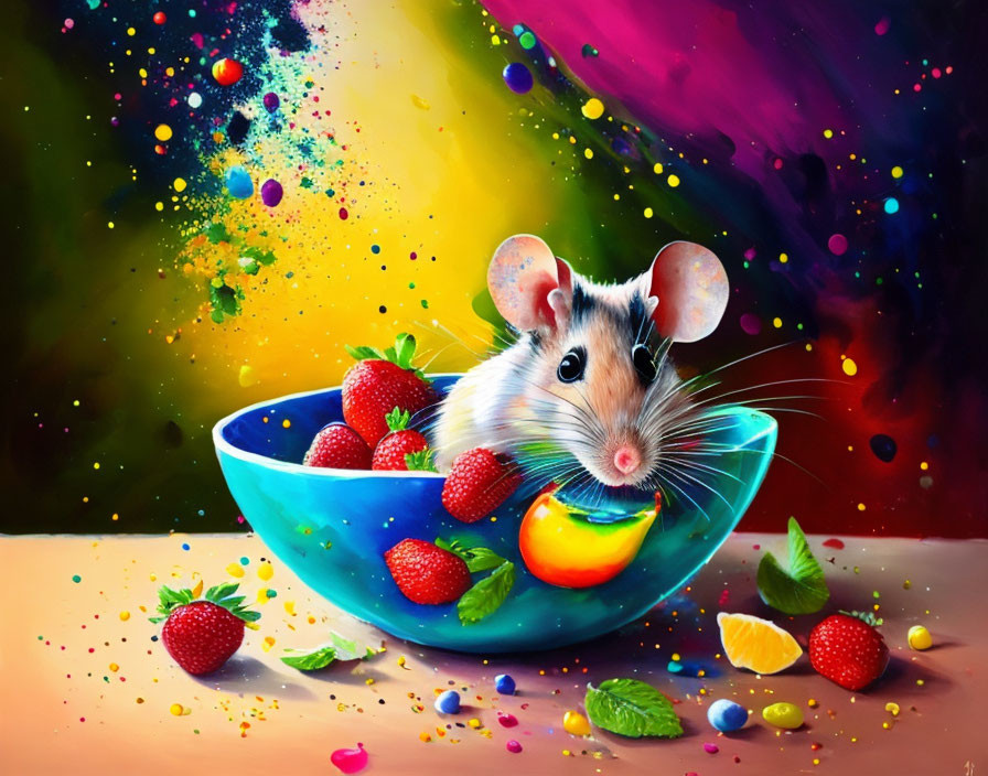 Vibrant Mouse in Blue Teacup with Strawberries and Paint Splatters