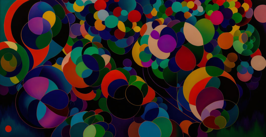 Colorful Overlapping Circles on Dark Background: Abstract Artwork