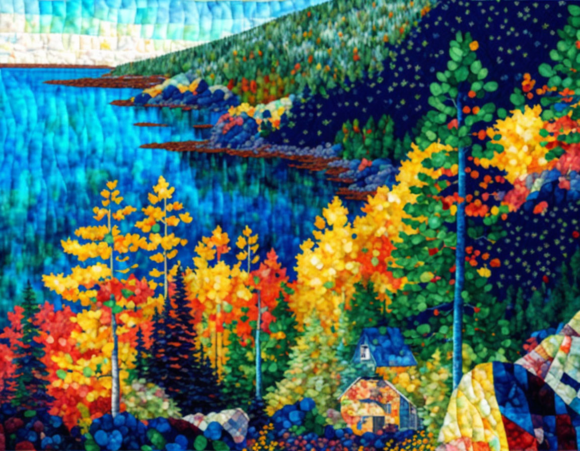 Colorful Autumn Landscape Quilt with Cottage, Lake, and Mountains