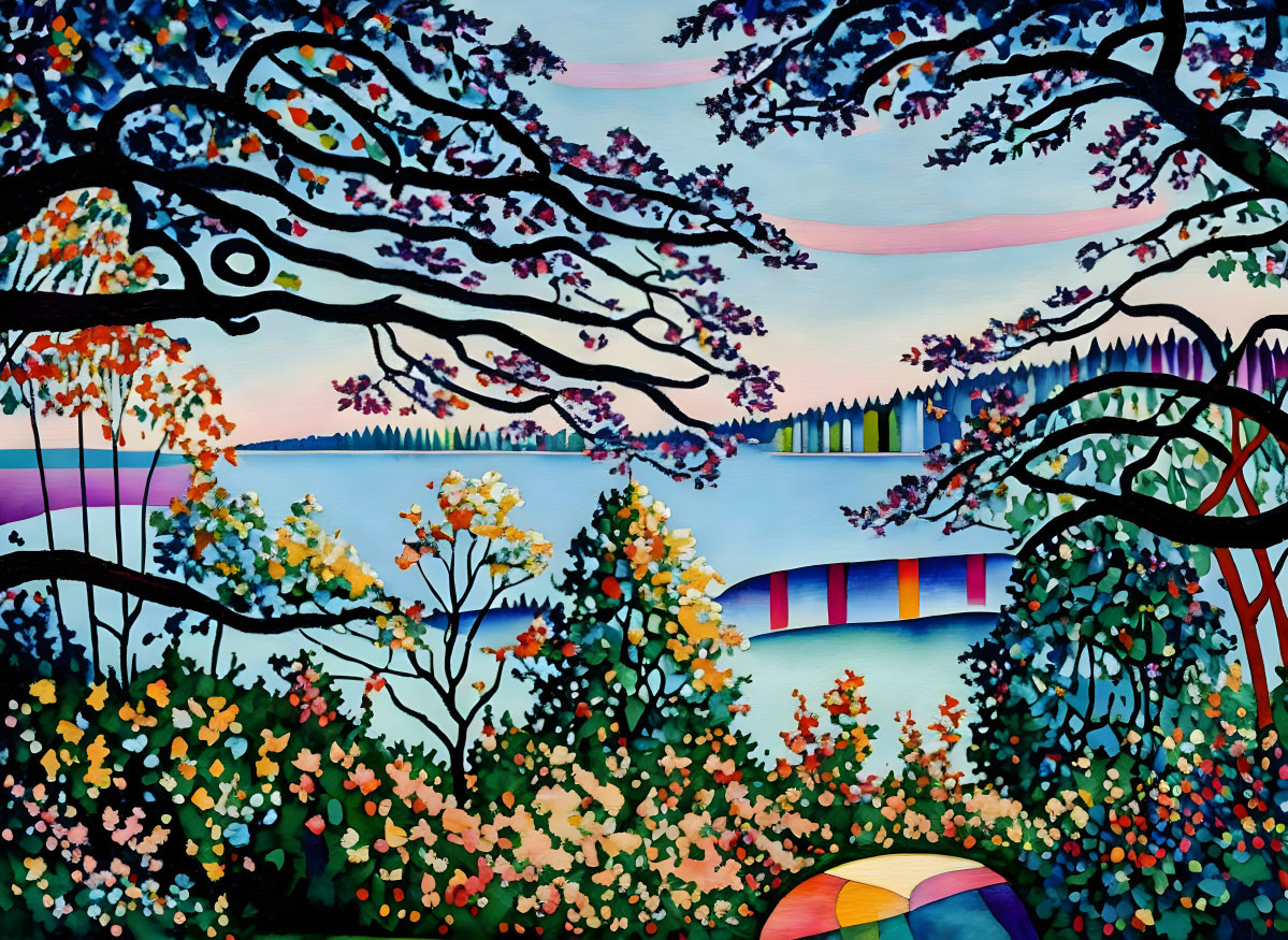 Vibrant landscape painting with colorful trees, lake, and whimsical bridge