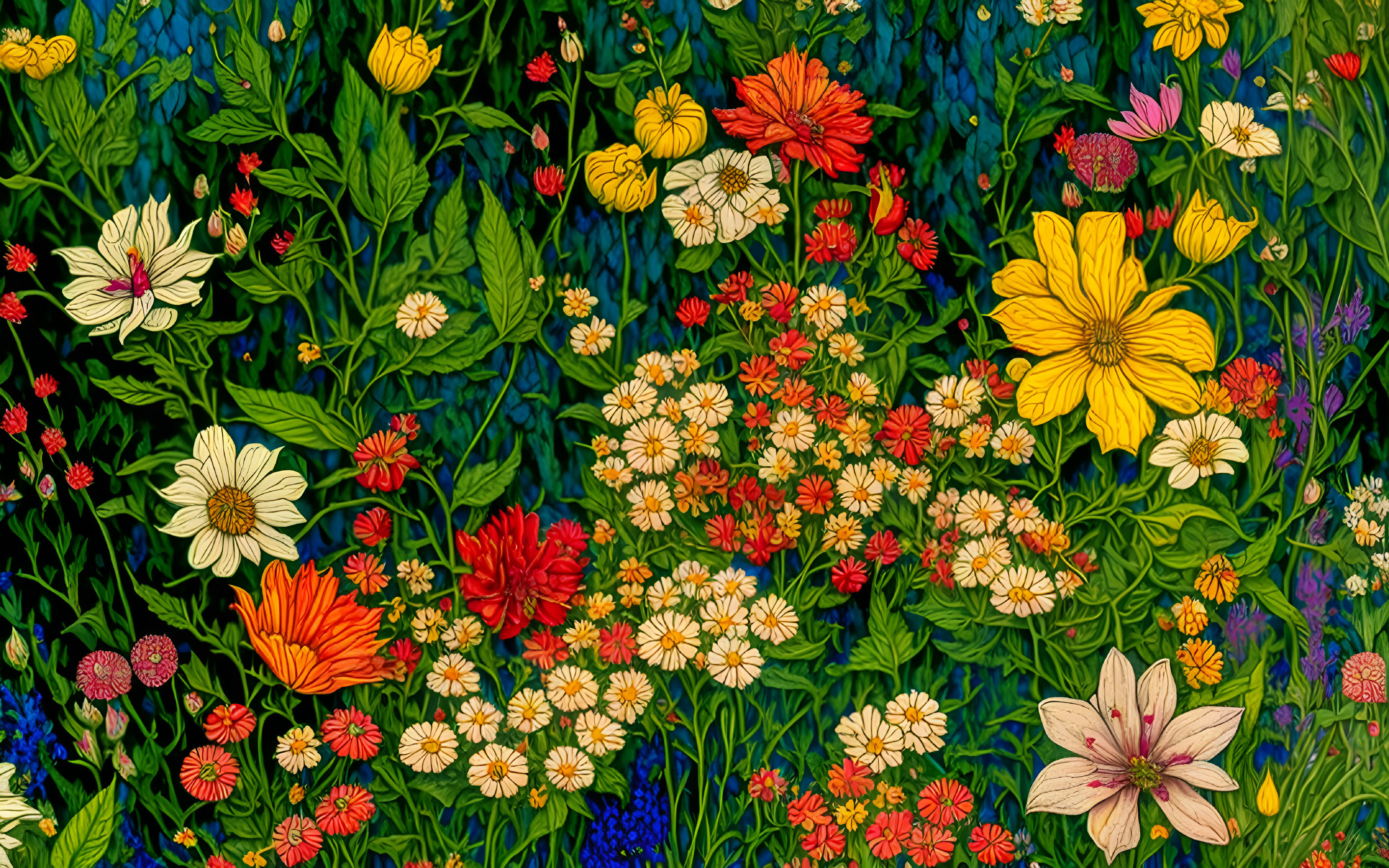 Colorful Floral Tapestry with Red, Yellow, and White Flowers