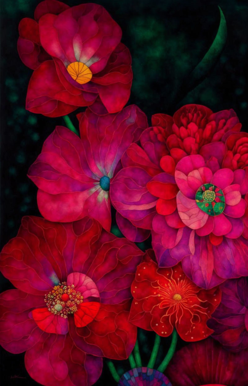 Detailed Red and Purple Flowers on Dark Background