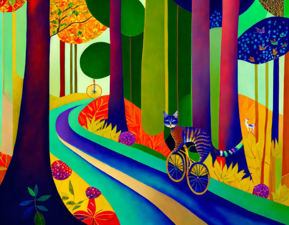 Colorful whimsical painting with cat on bicycle, vibrant trees, blue river, mushrooms.