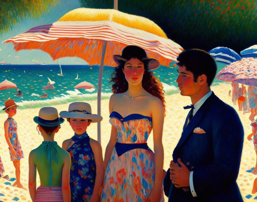 Colorful Beach Scene with Woman in Blue Dress, Man in Suit, and Children in Hats