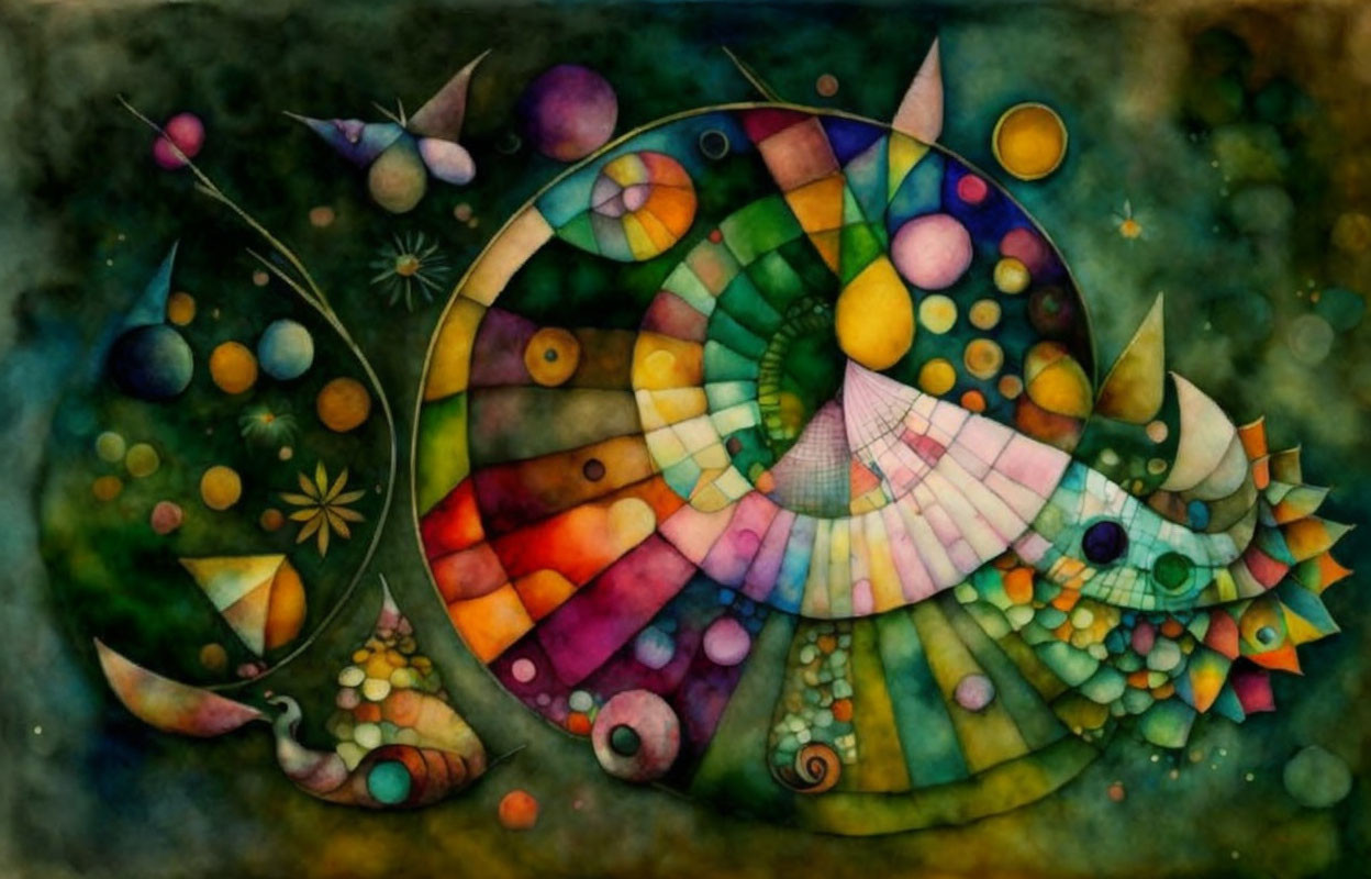Vibrant abstract painting with spirals, circles, and floral motifs