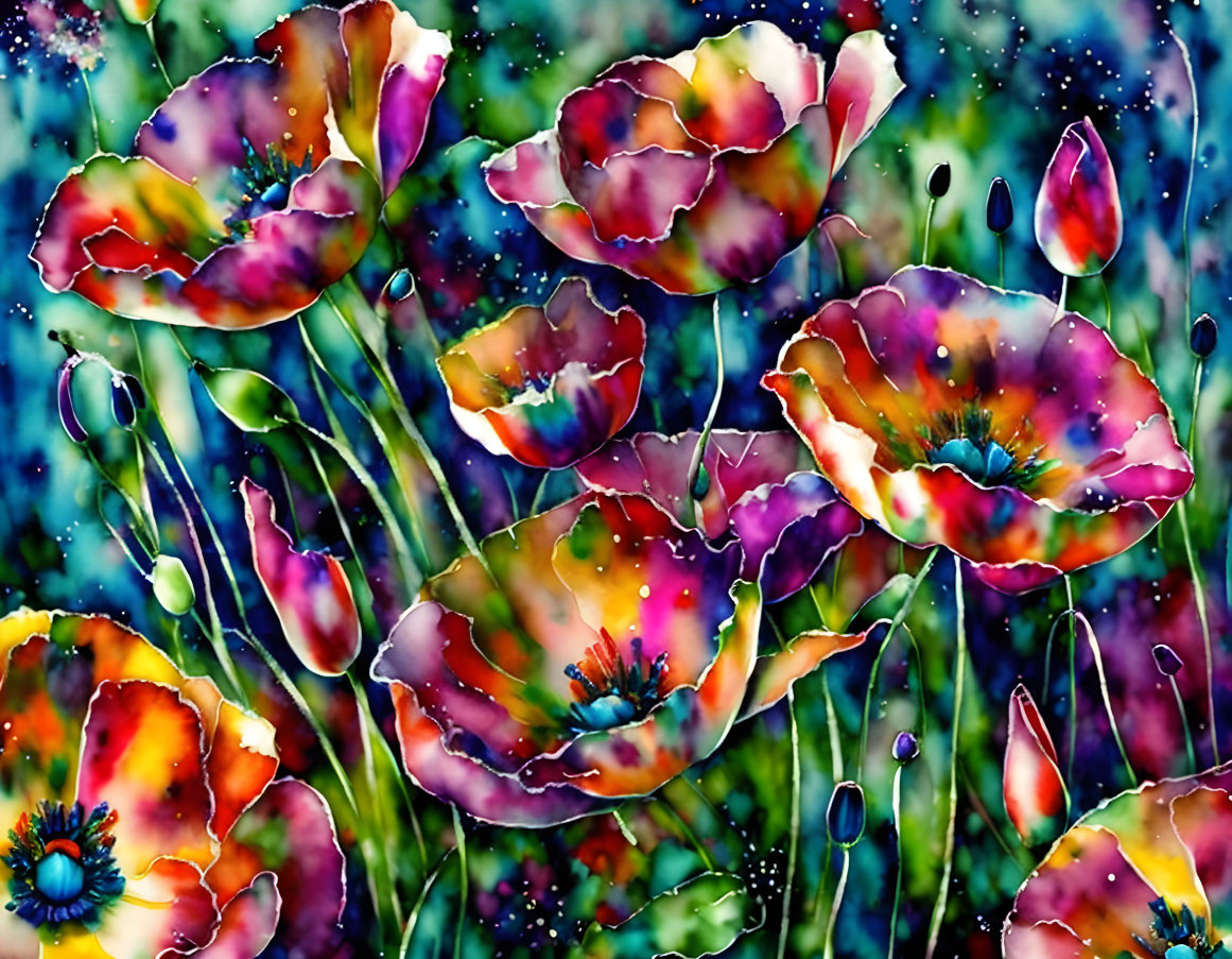 Colorful watercolor painting of multicolored poppies on deep blue background