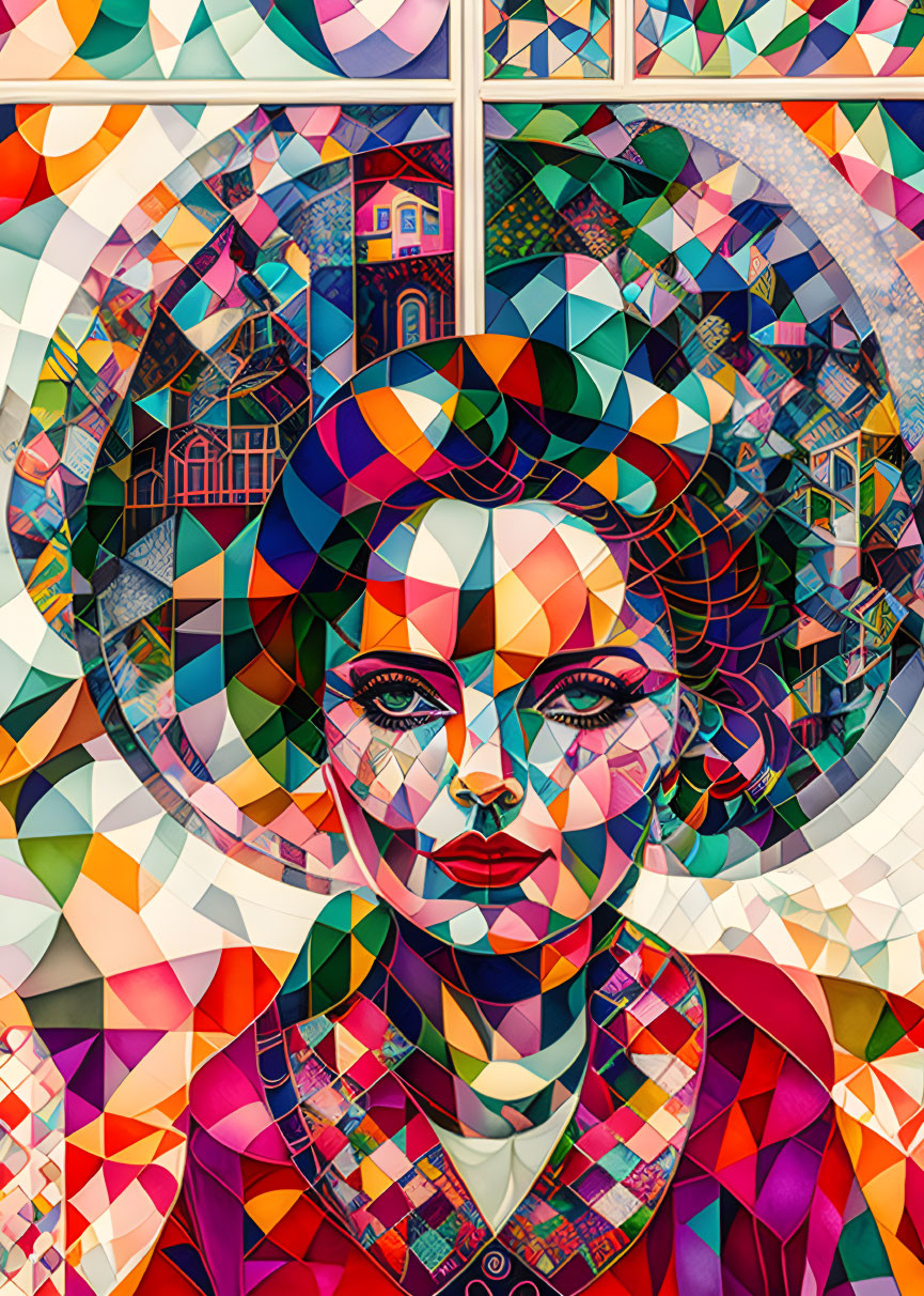 Colorful geometric portrait of a woman with vibrant patterns and cityscape background