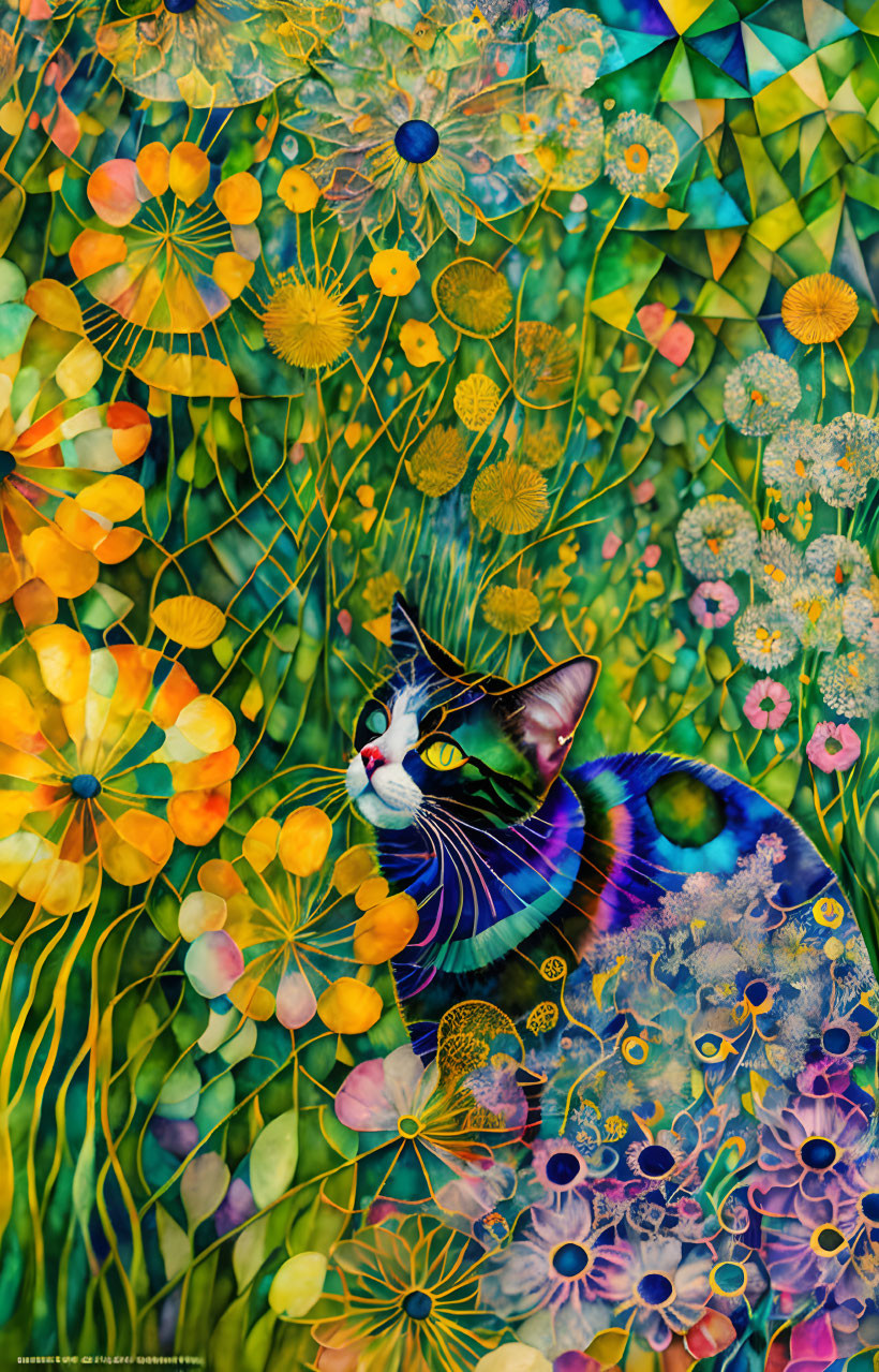 Vibrant digital art: Cat merged with floral & geometric patterns