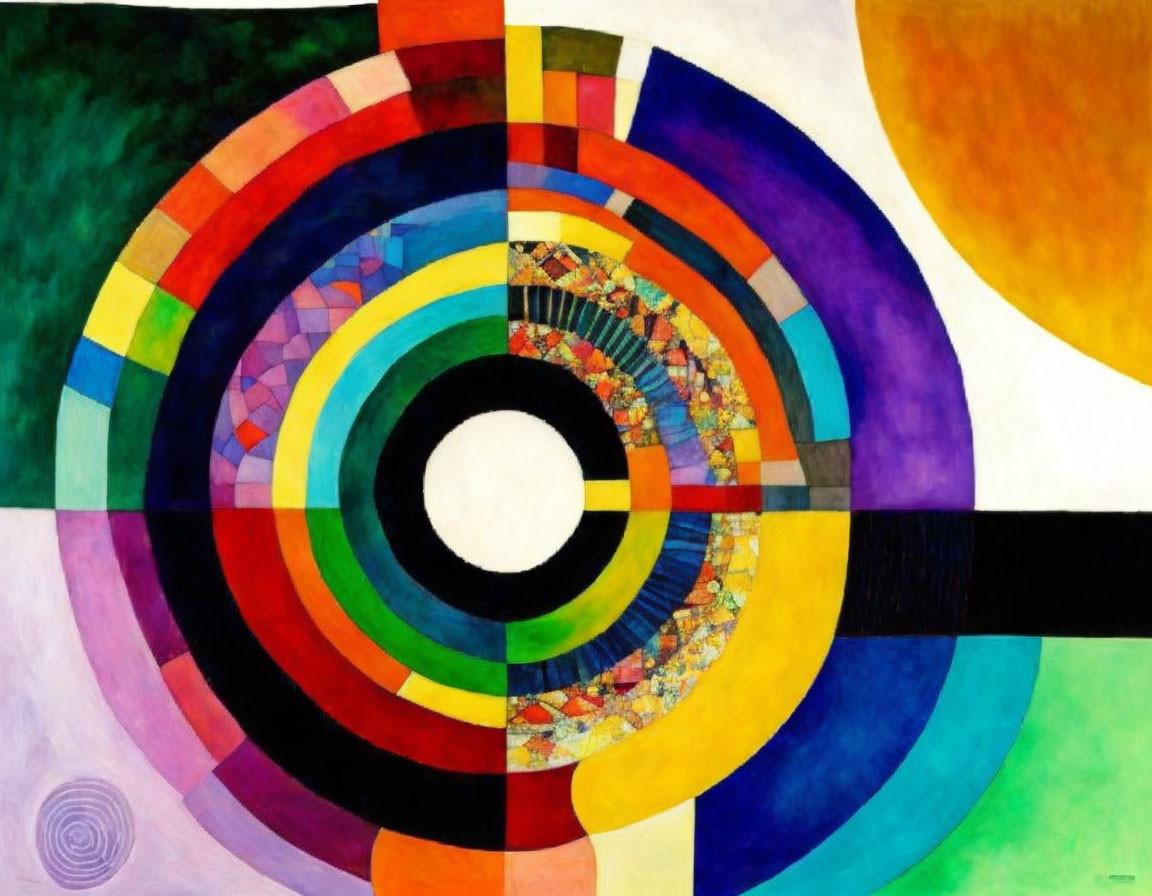 Vibrant abstract painting with concentric circles and bold lines