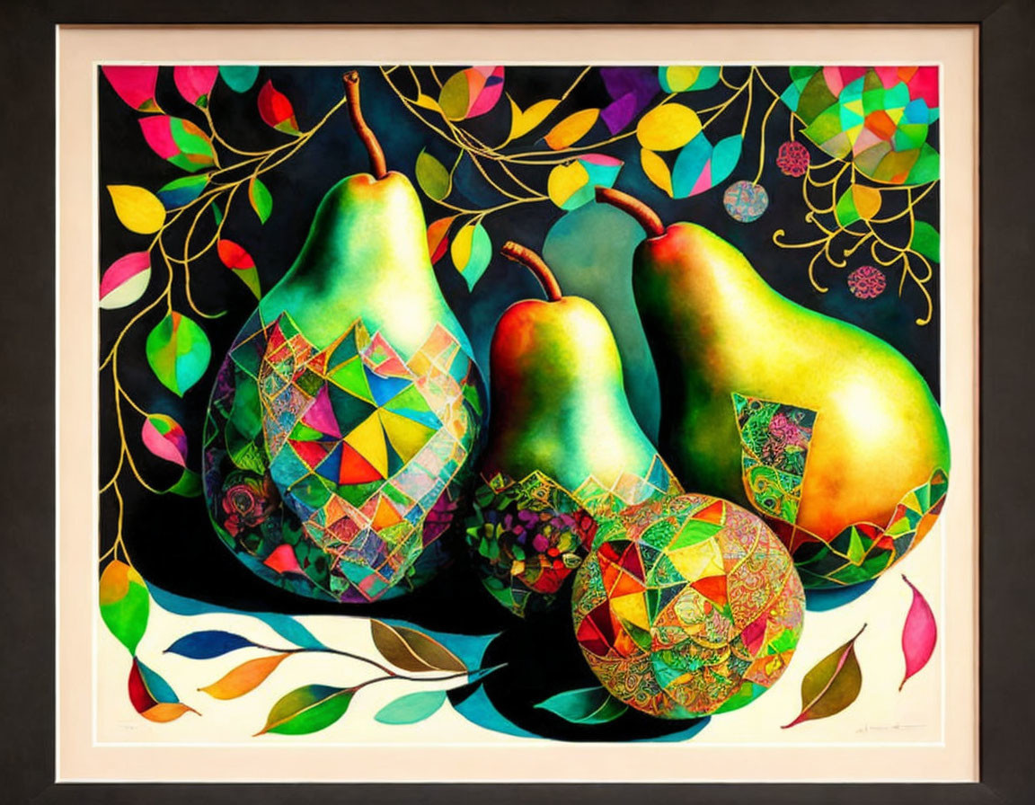 Colorful painting of three pears with geometric pattern, leaves, black background, white mat, dark