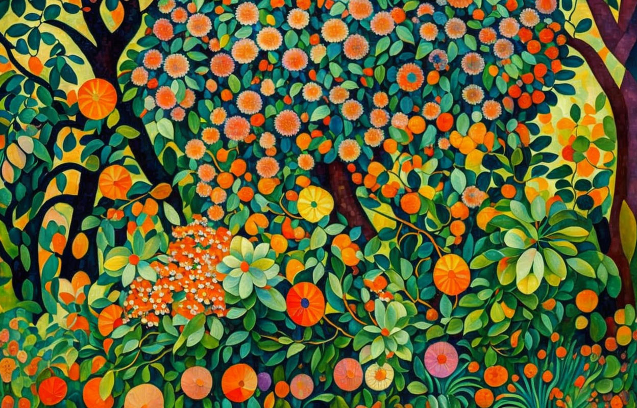 Colorful forest painting with stylized flowers, leaves, and fruits.
