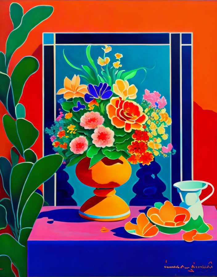 Colorful Flower Bouquet in Golden Vase Still-Life Painting with Fruit and Cup