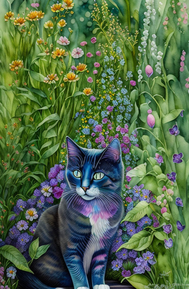 Vibrant Illustration: Blue and Pink Striped Cat in Lush Garden