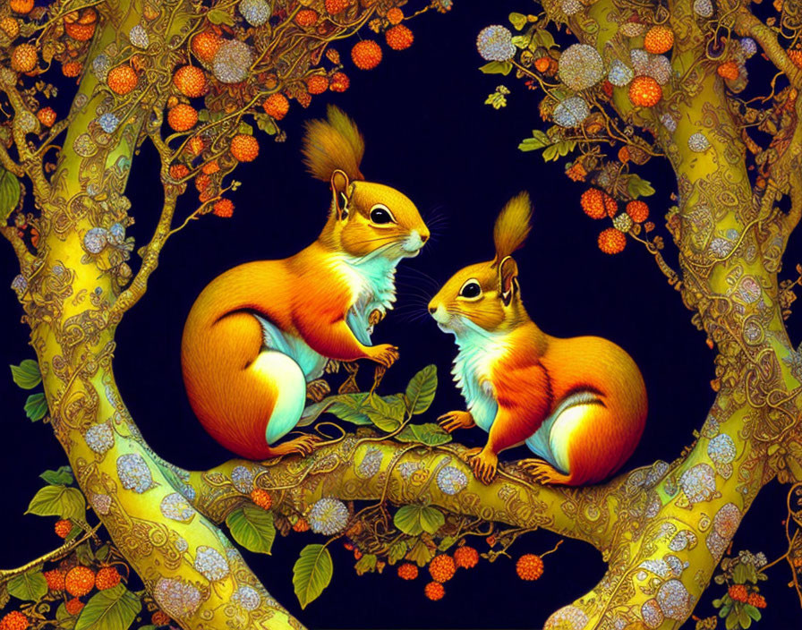 Illustrated squirrels in ornate tree with golden branches.