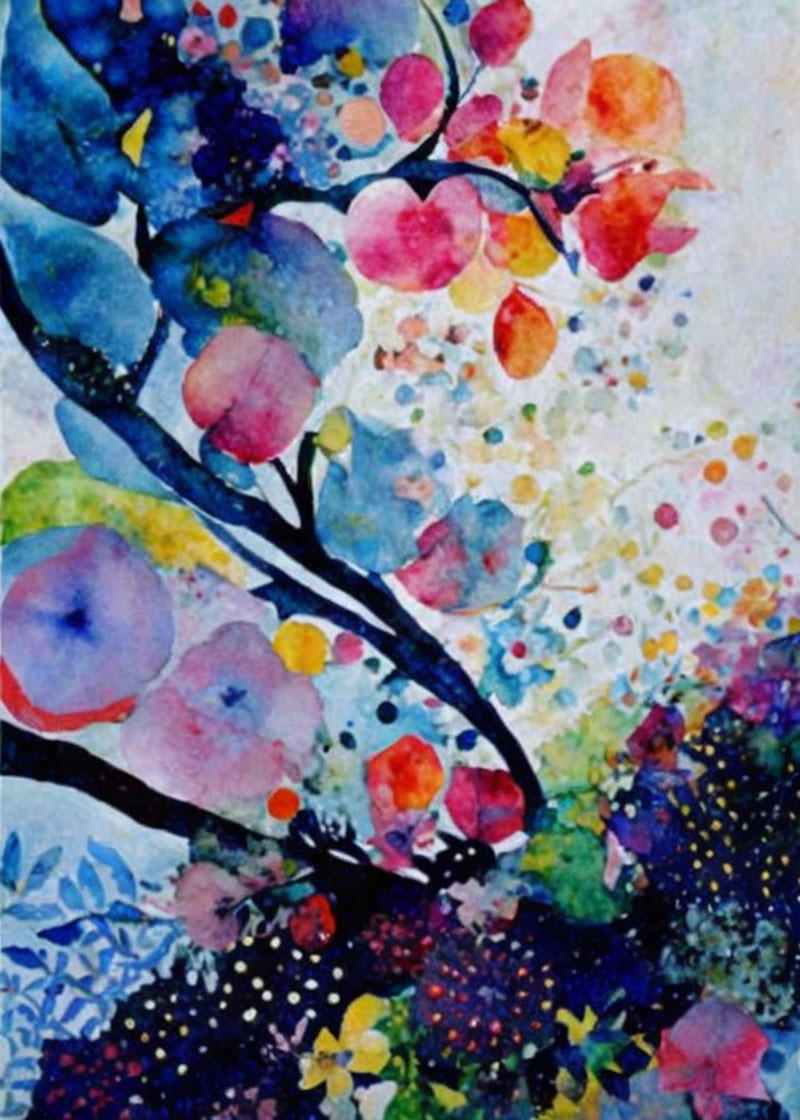 Abstract tree watercolor painting with vibrant blue and pink leaves and dappled light spots