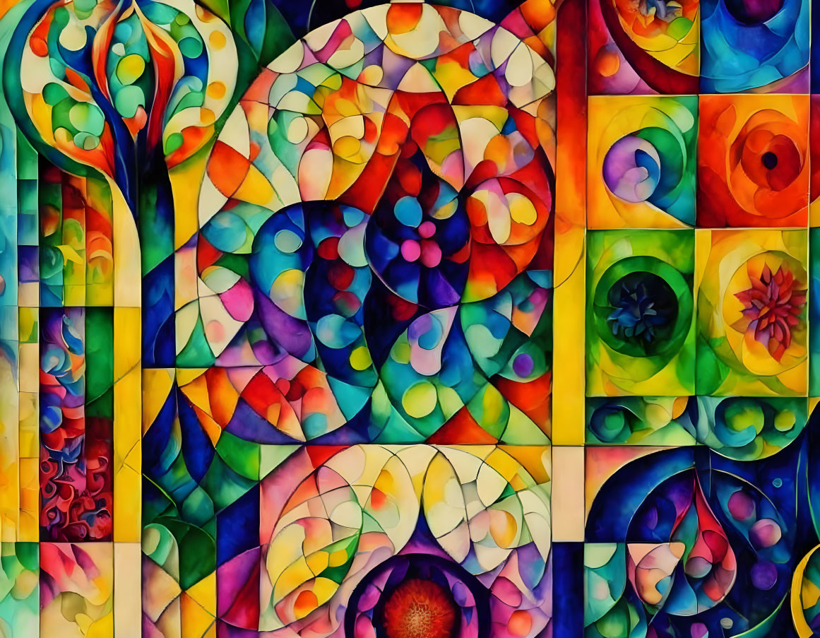 Colorful Abstract Stained Glass Style Image with Swirls, Geometric Shapes, and Floral Designs