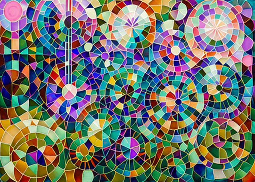 Vibrant Mosaic Pattern with Geometric Shapes and Overlapping Circles