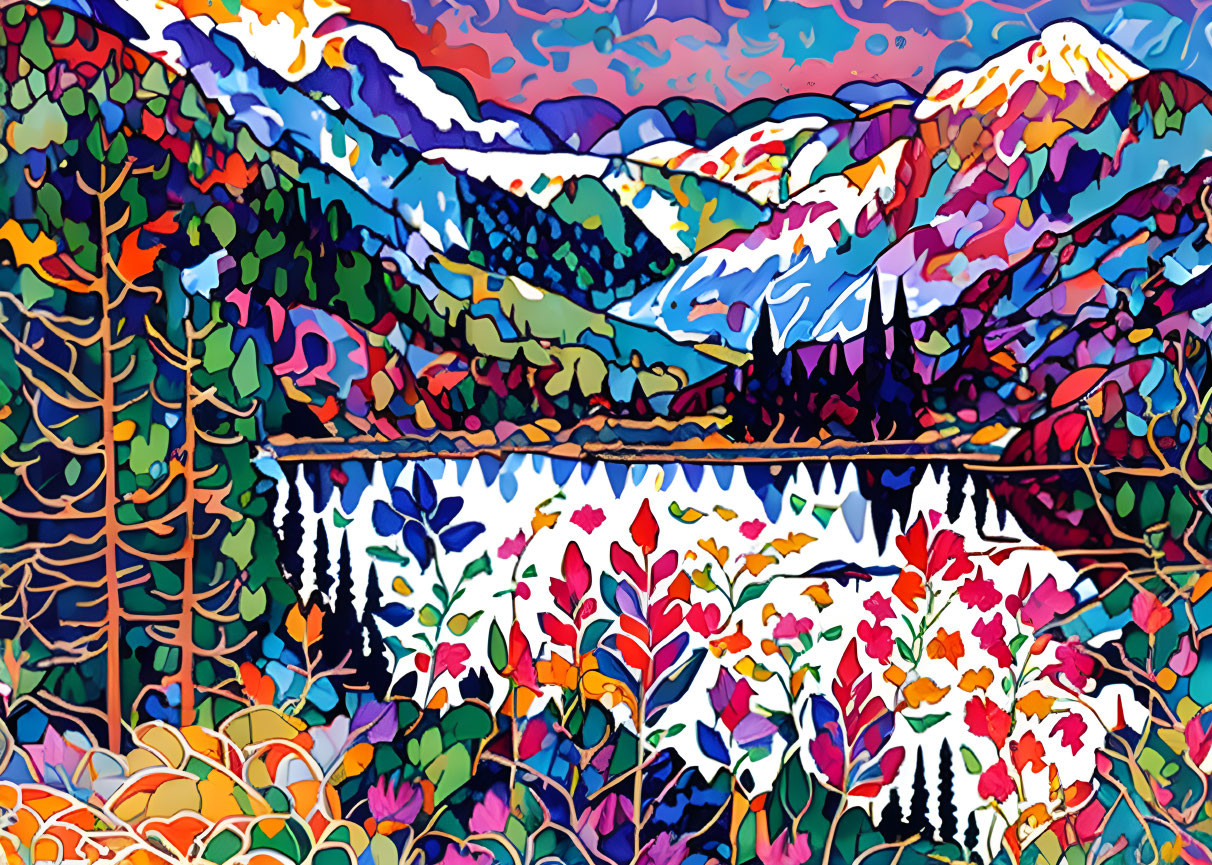 Colorful Stylized Artwork: Vibrant Mountain Range & Patterned Vegetation