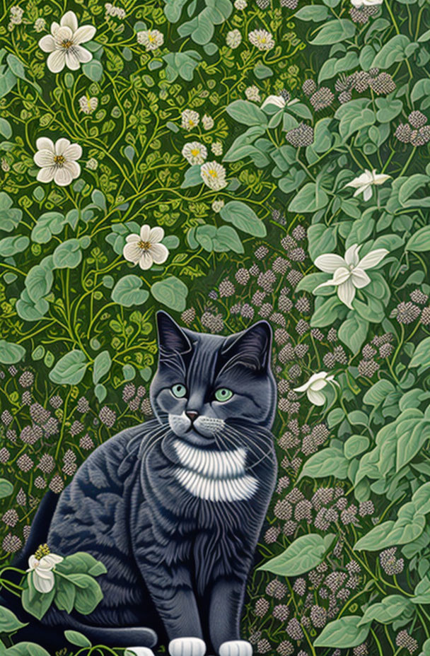 Black and White Cat in Greenery and Flowers on Dark Background