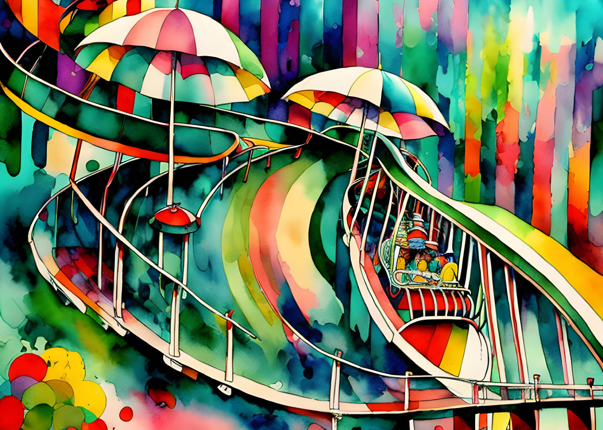 Colorful watercolor roller coaster illustration with patterned umbrellas and whimsical atmosphere