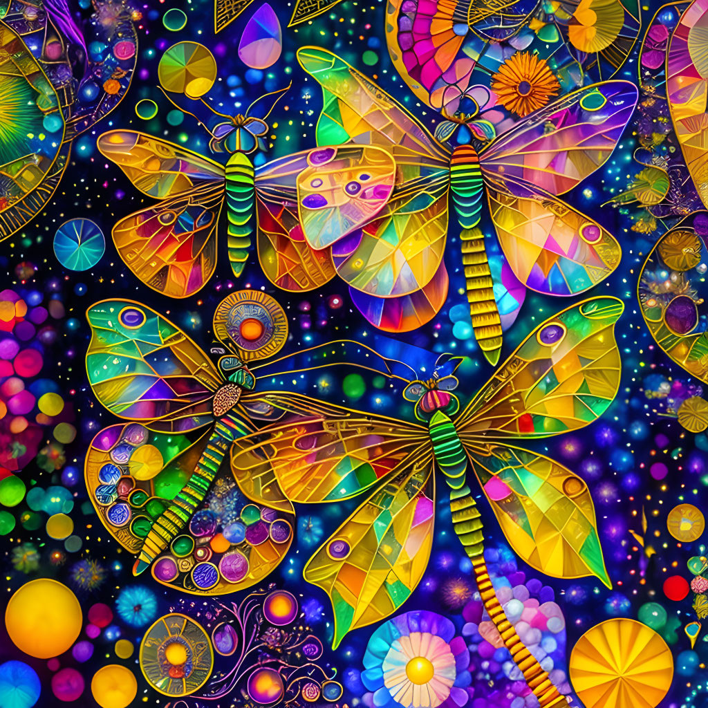 Colorful Digital Artwork: Dragonflies and Butterflies with Geometric Patterns