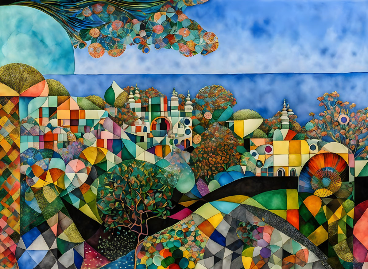 Vibrant Mosaic Artwork of Whimsical Landscapes