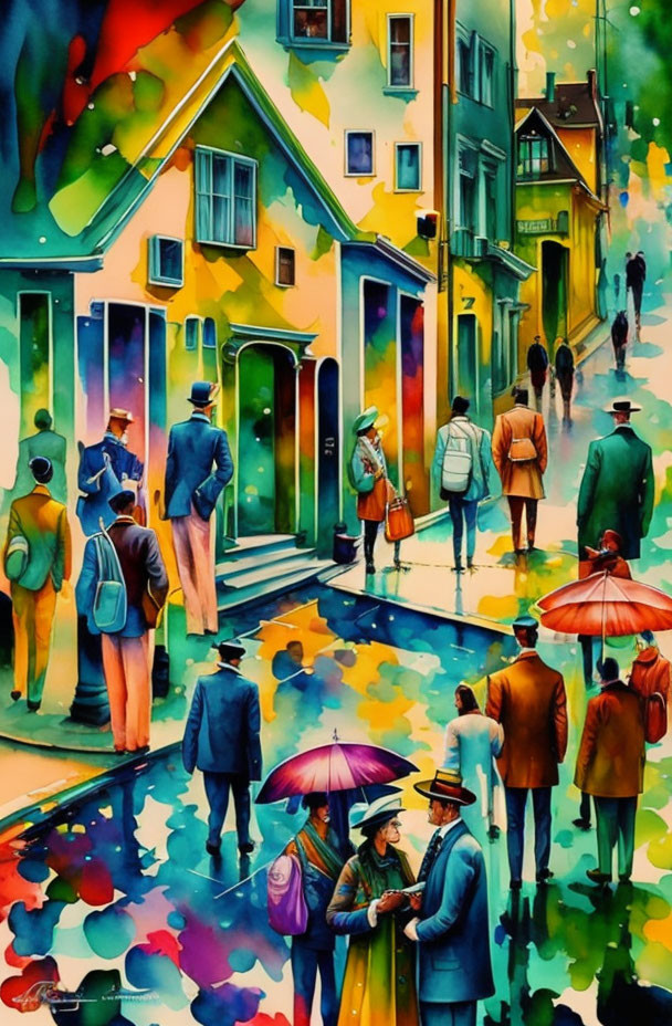 Vibrant Watercolor Painting of Rainy Day Street Scene