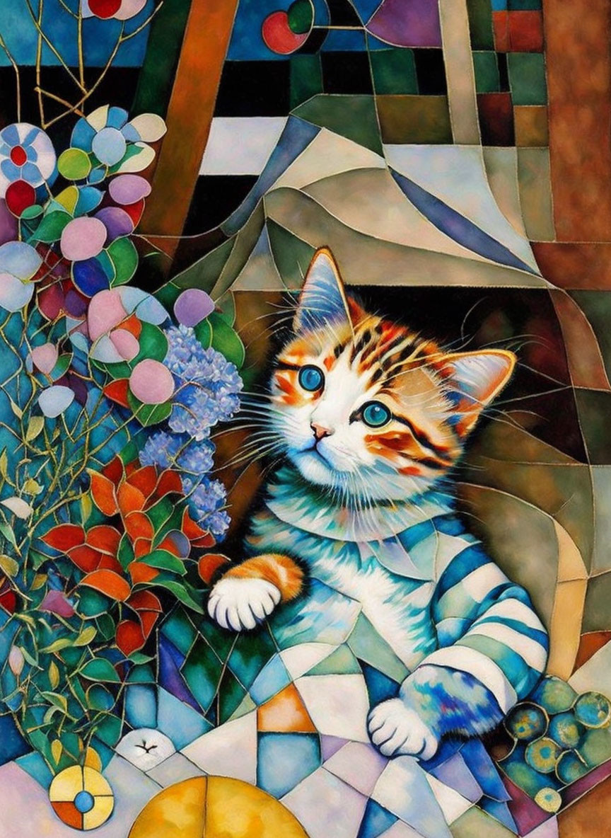 Colorful painting of a kitten with blue eyes and abstract shapes.