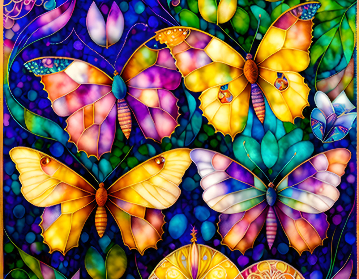 Colorful Stained-Glass Style Image of Butterflies on Purple and Blue Mosaic Background