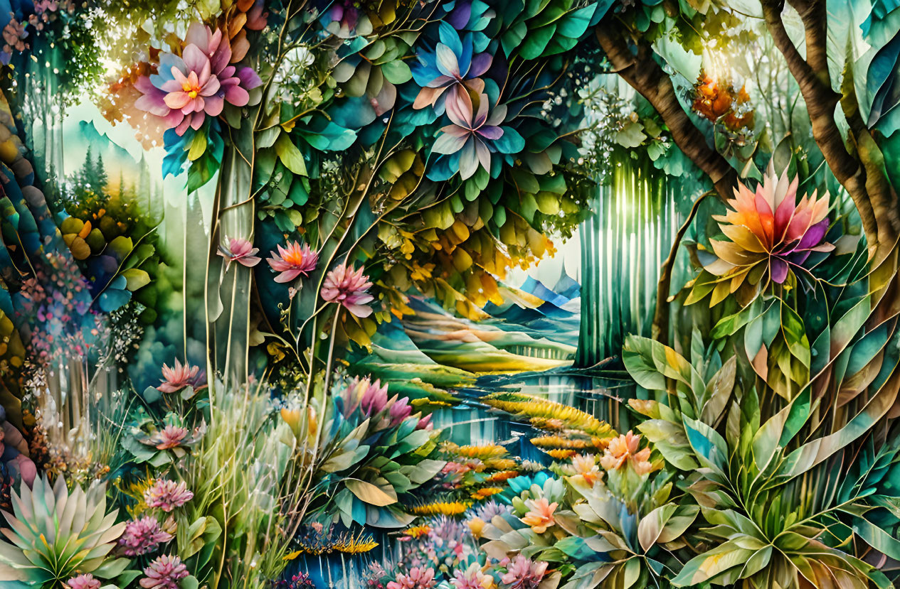 Colorful Floral Landscape Reflecting in Water Amidst Mystical Forest