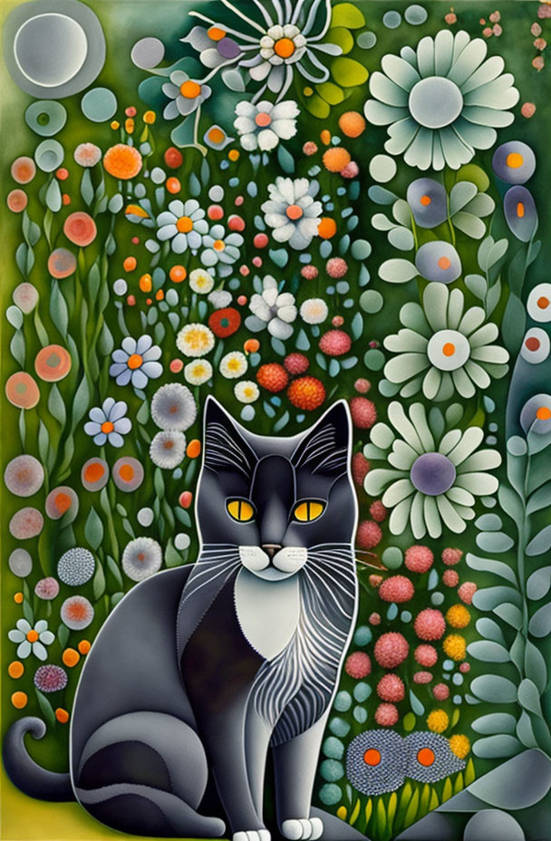 Stylized black and white cat in colorful floral background