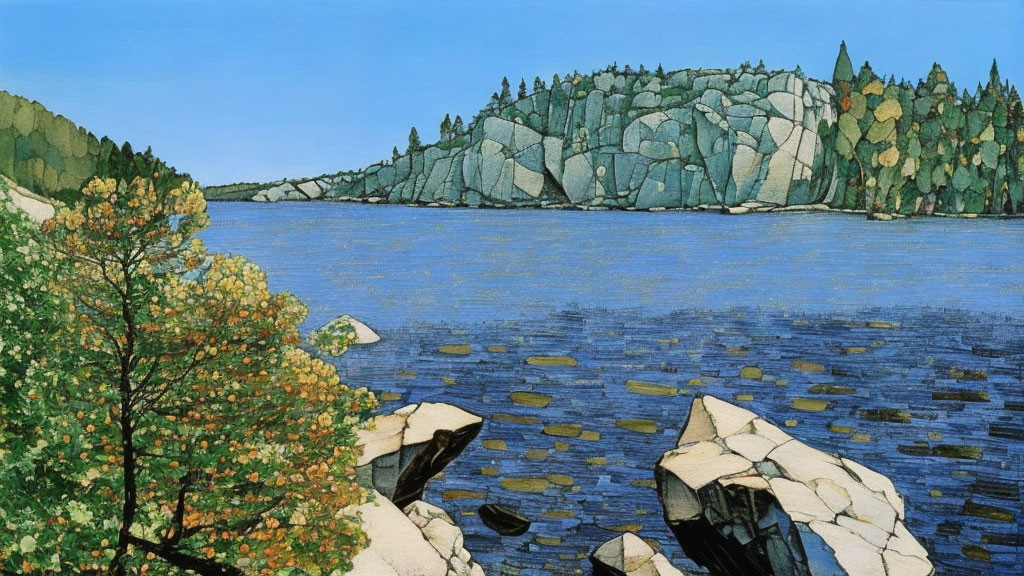 Tranquil landscape painting of lush lake, trees, rocks, and blue sky