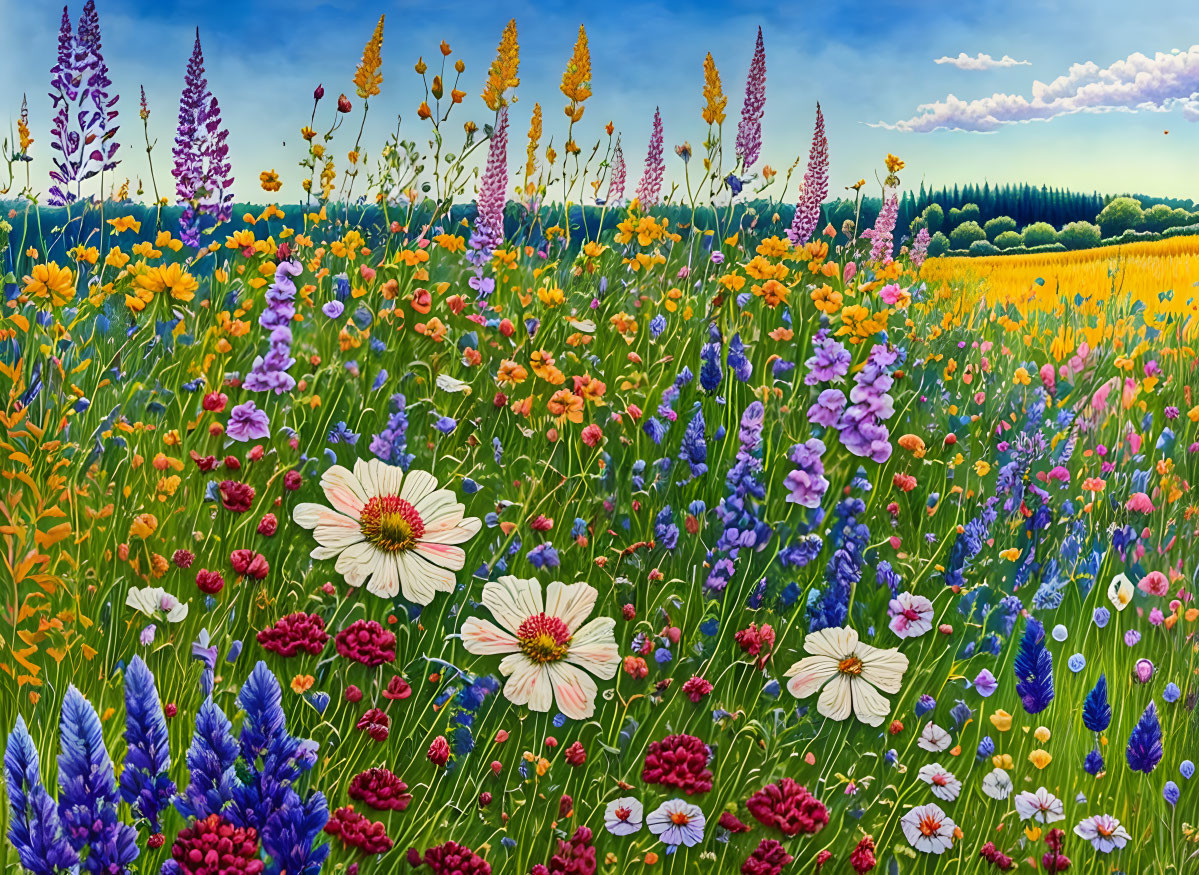 Colorful Flower Field Painting Under Blue Sky